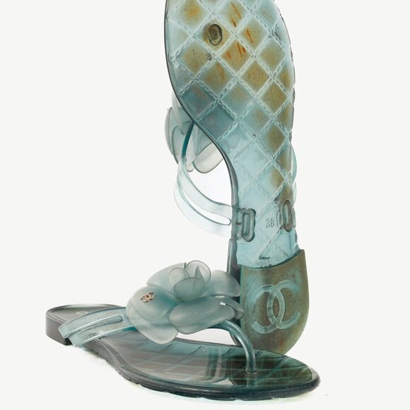 Chanel Green Metallic Jelly Camellia Thong Sandals - Picture 5 of 9